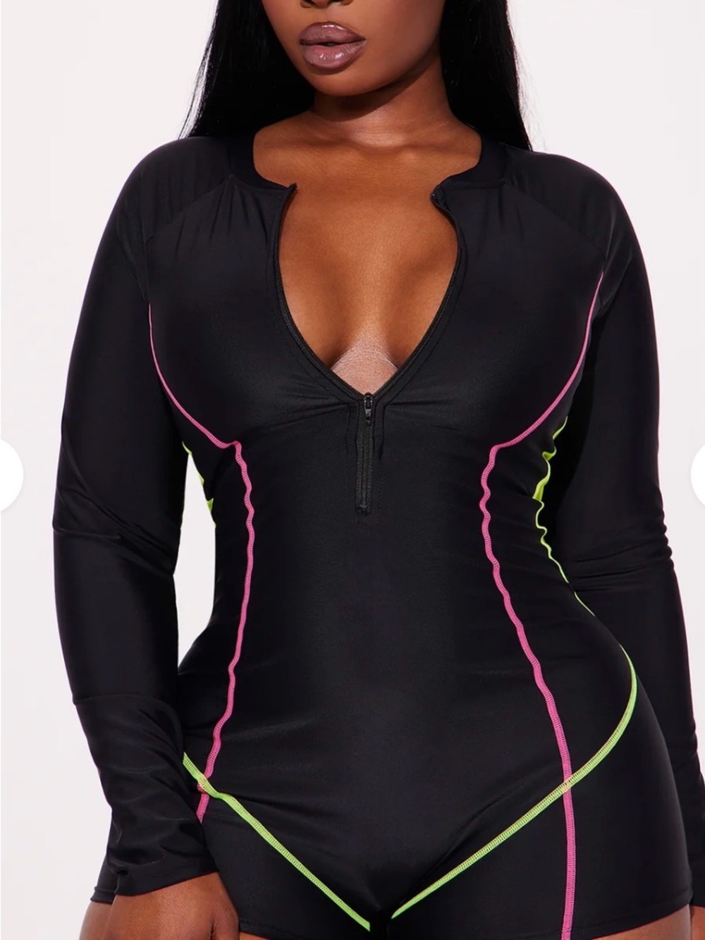 Fashion Nova Black Long-Sleeve One-Piece Swimsuit with Pink & Lime Piping